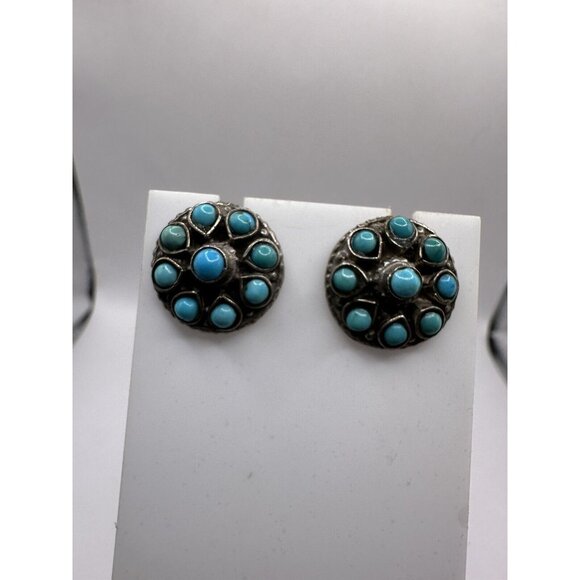 Vintage Sterling Silver & Turquoise Post-back Earrings Petit Point Southwest MEX - Picture 6 of 8